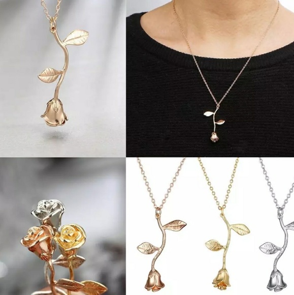 Rose gold rose bud dangle necklace. - Picture 4 of 8